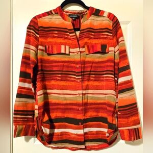 Women's Long Sleeve Button-Up Blouse, Burgundy/Orange, Size S